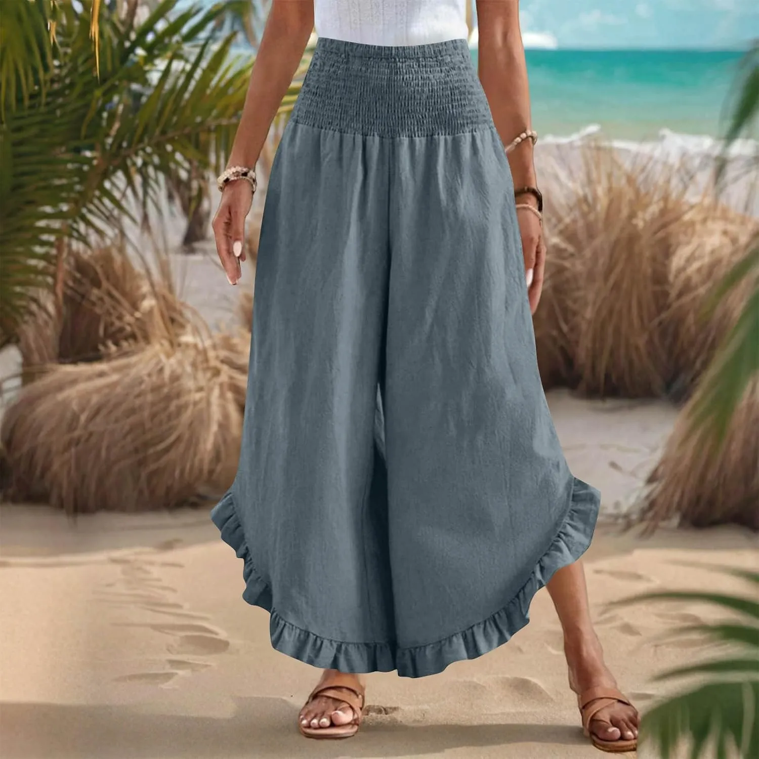 TARIENDY Palazzo Pants for Women Dressy Casual Summer Smocked Waist Trousers Ruffle Hem Wide Leg Boho Flowy Beach Outfits