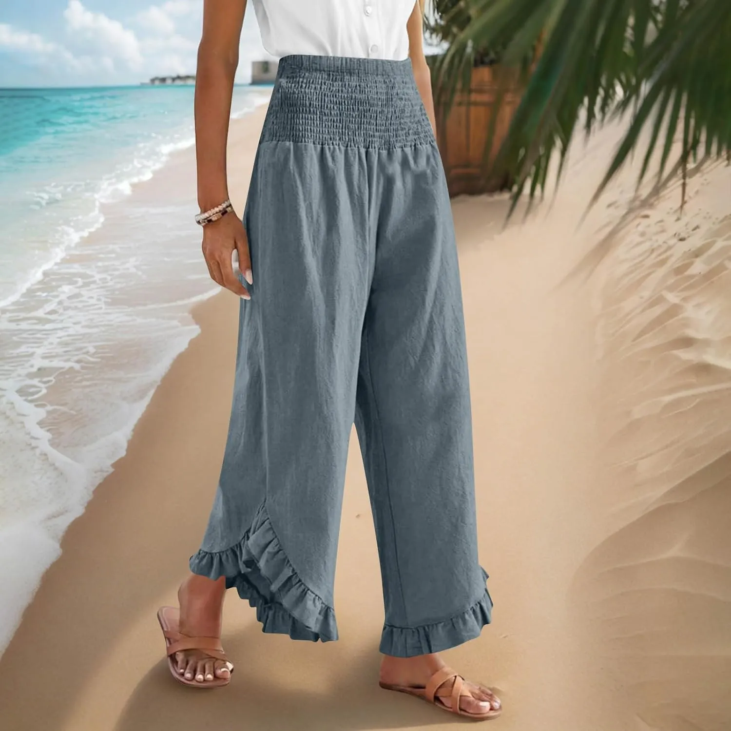 TARIENDY Palazzo Pants for Women Dressy Casual Summer Smocked Waist Trousers Ruffle Hem Wide Leg Boho Flowy Beach Outfits