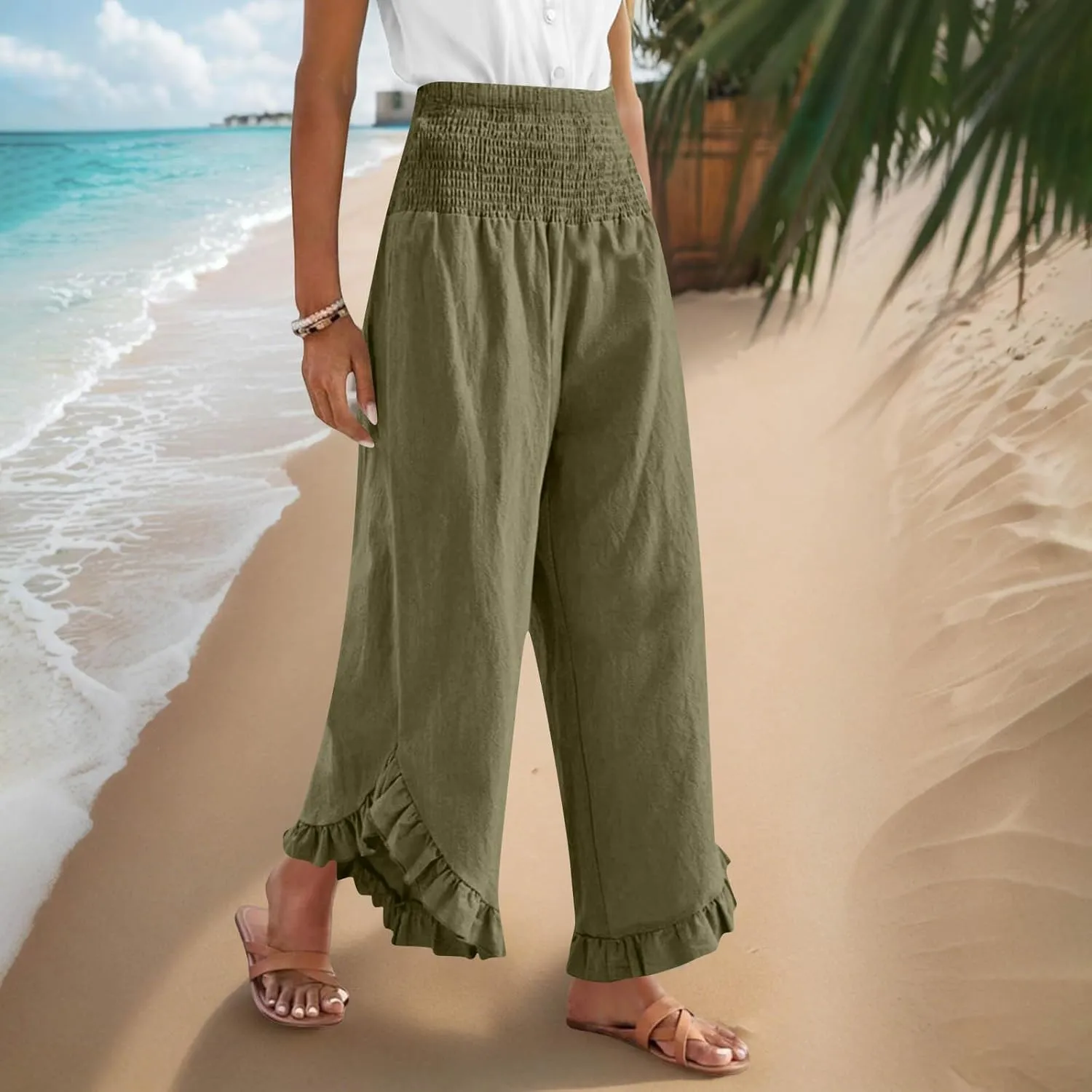 TARIENDY Palazzo Pants for Women Dressy Casual Summer Smocked Waist Trousers Ruffle Hem Wide Leg Boho Flowy Beach Outfits