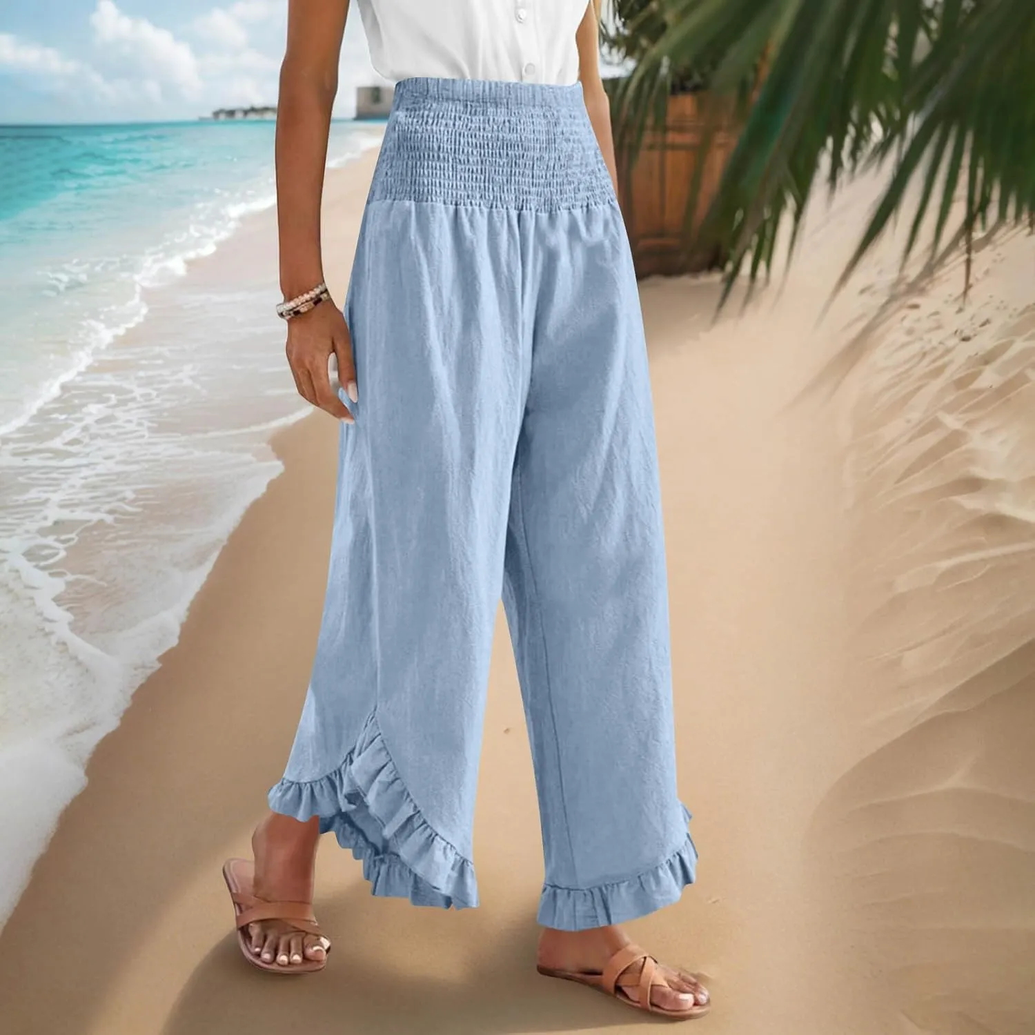 TARIENDY Palazzo Pants for Women Dressy Casual Summer Smocked Waist Trousers Ruffle Hem Wide Leg Boho Flowy Beach Outfits