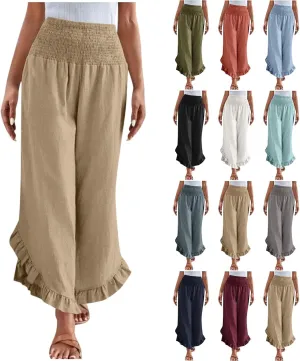 TARIENDY Palazzo Pants for Women Dressy Casual Summer Smocked Waist Trousers Ruffle Hem Wide Leg Boho Flowy Beach Outfits