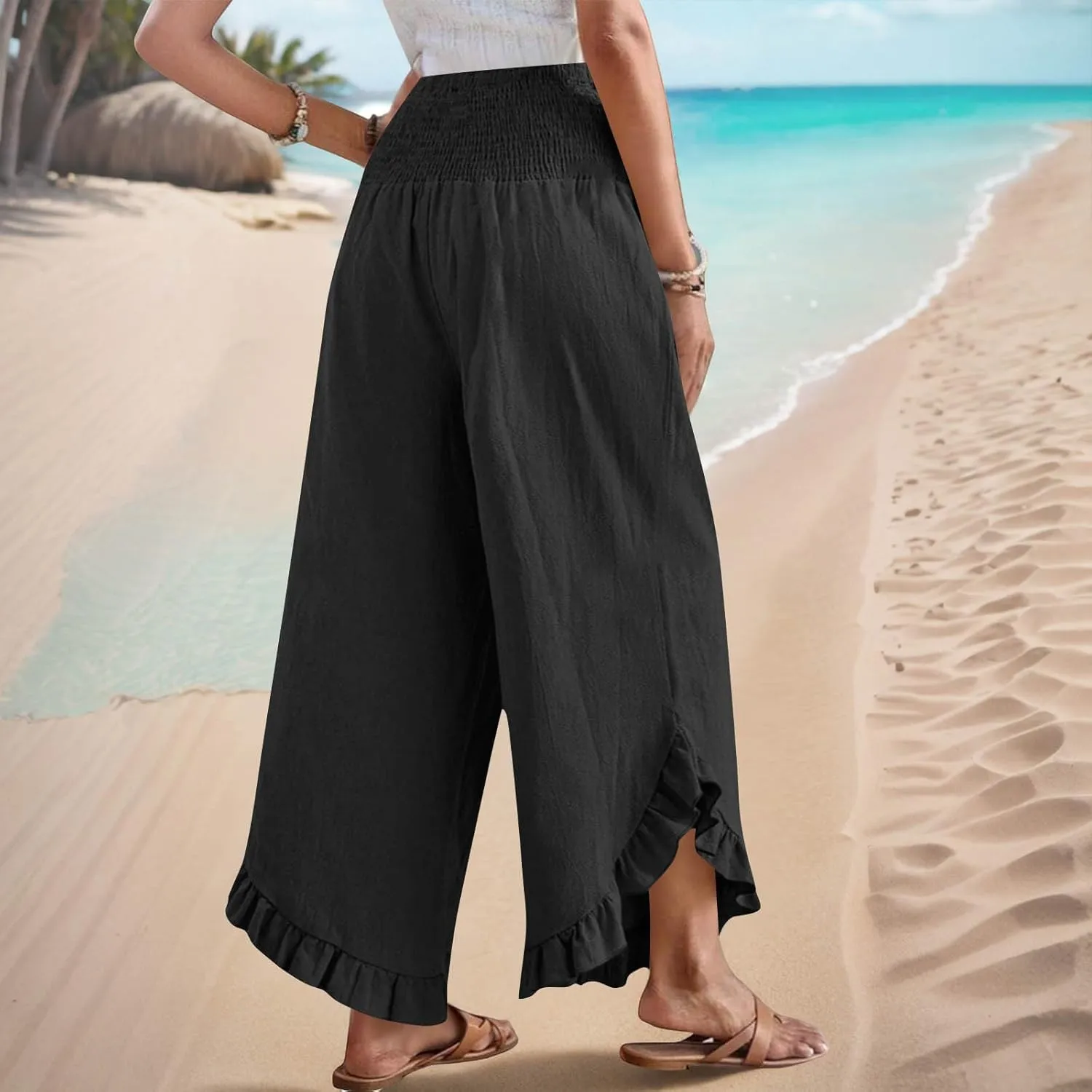 TARIENDY Palazzo Pants for Women Dressy Casual Summer Smocked Waist Trousers Ruffle Hem Wide Leg Boho Flowy Beach Outfits