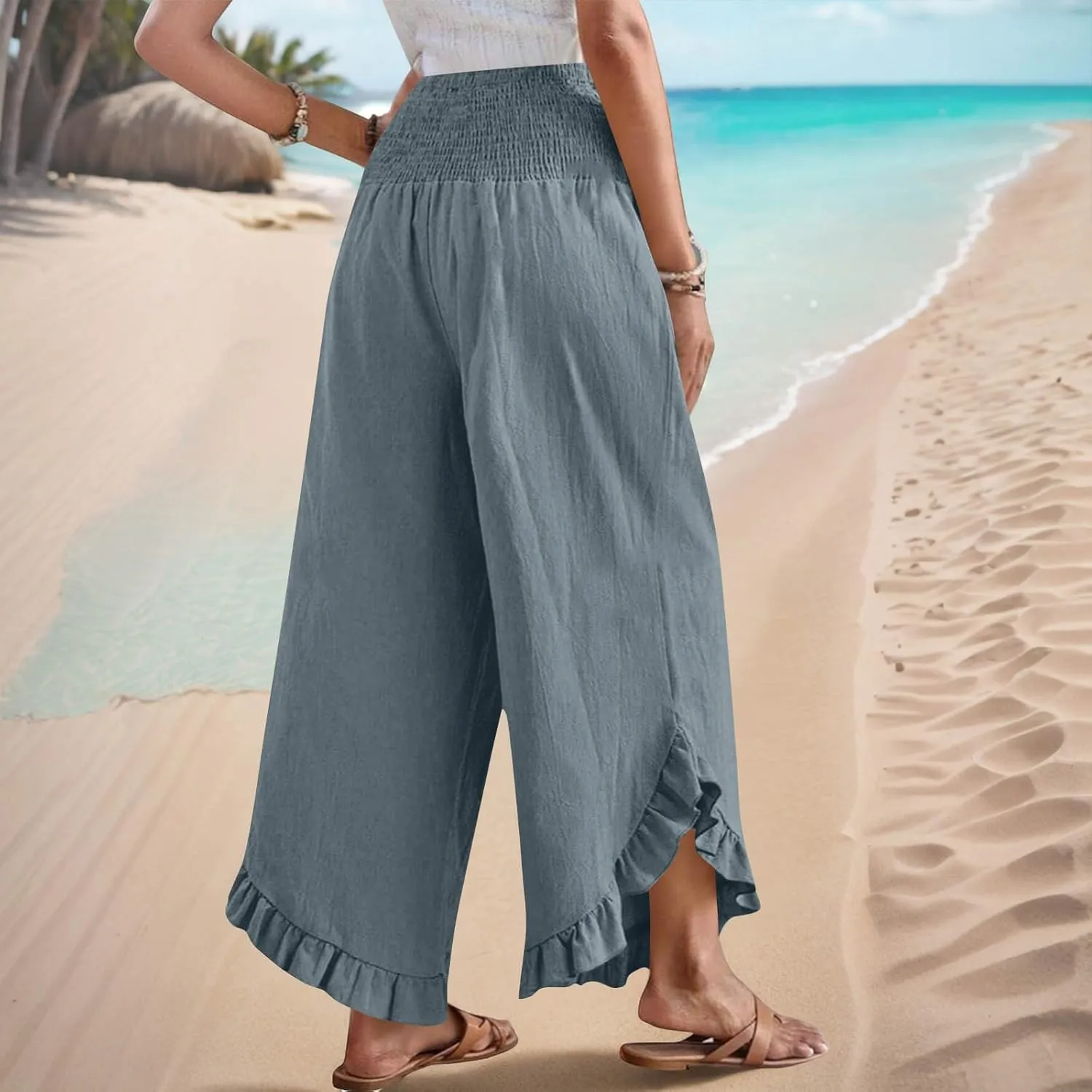 TARIENDY Palazzo Pants for Women Dressy Casual Summer Smocked Waist Trousers Ruffle Hem Wide Leg Boho Flowy Beach Outfits