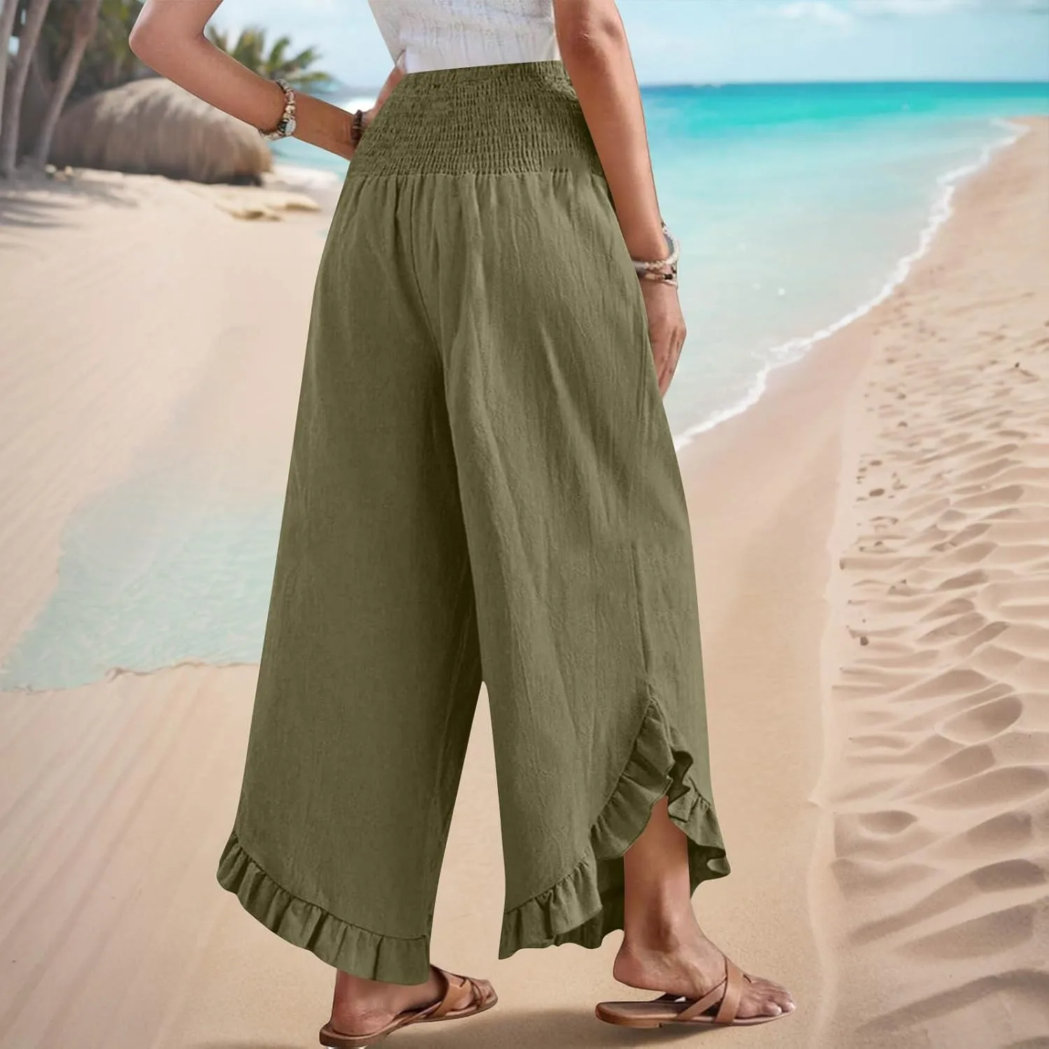 TARIENDY Palazzo Pants for Women Dressy Casual Summer Smocked Waist Trousers Ruffle Hem Wide Leg Boho Flowy Beach Outfits