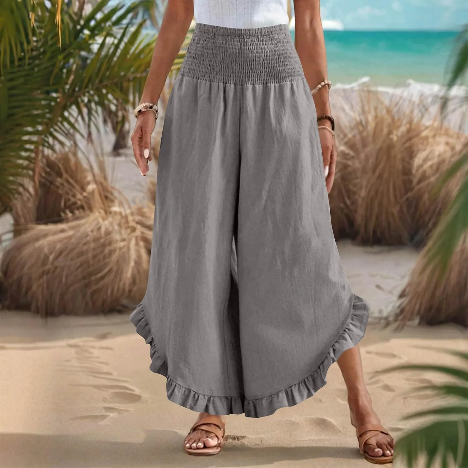 TARIENDY Palazzo Pants for Women Dressy Casual Summer Smocked Waist Trousers Ruffle Hem Wide Leg Boho Flowy Beach Outfits