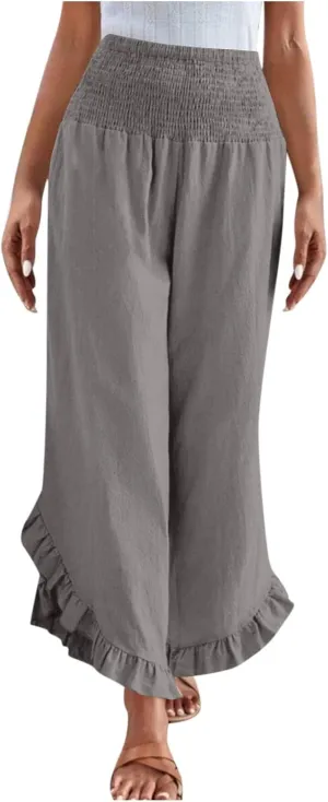 TARIENDY Palazzo Pants for Women Dressy Casual Summer Smocked Waist Trousers Ruffle Hem Wide Leg Boho Flowy Beach Outfits