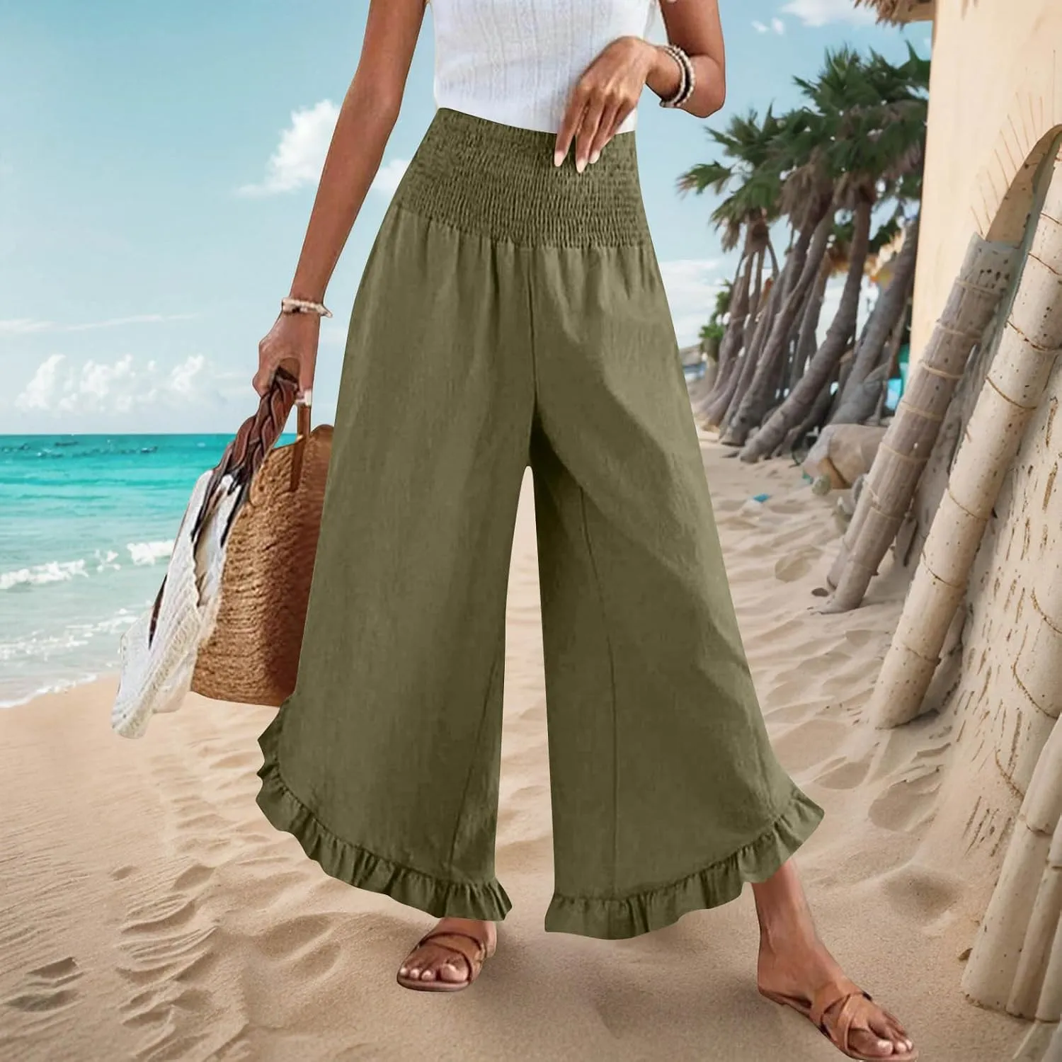 TARIENDY Palazzo Pants for Women Dressy Casual Summer Smocked Waist Trousers Ruffle Hem Wide Leg Boho Flowy Beach Outfits