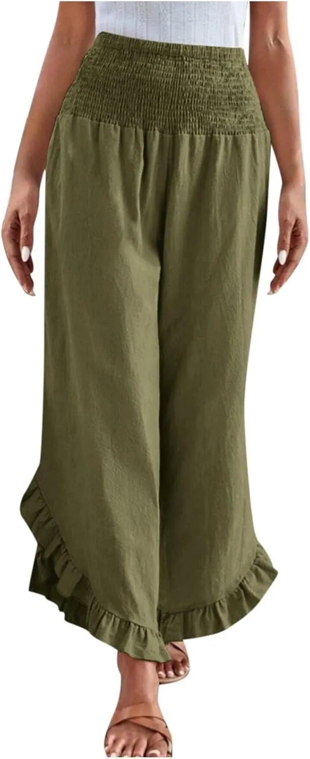 TARIENDY Palazzo Pants for Women Dressy Casual Summer Smocked Waist Trousers Ruffle Hem Wide Leg Boho Flowy Beach Outfits