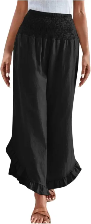 TARIENDY Palazzo Pants for Women Dressy Casual Summer Smocked Waist Trousers Ruffle Hem Wide Leg Boho Flowy Beach Outfits