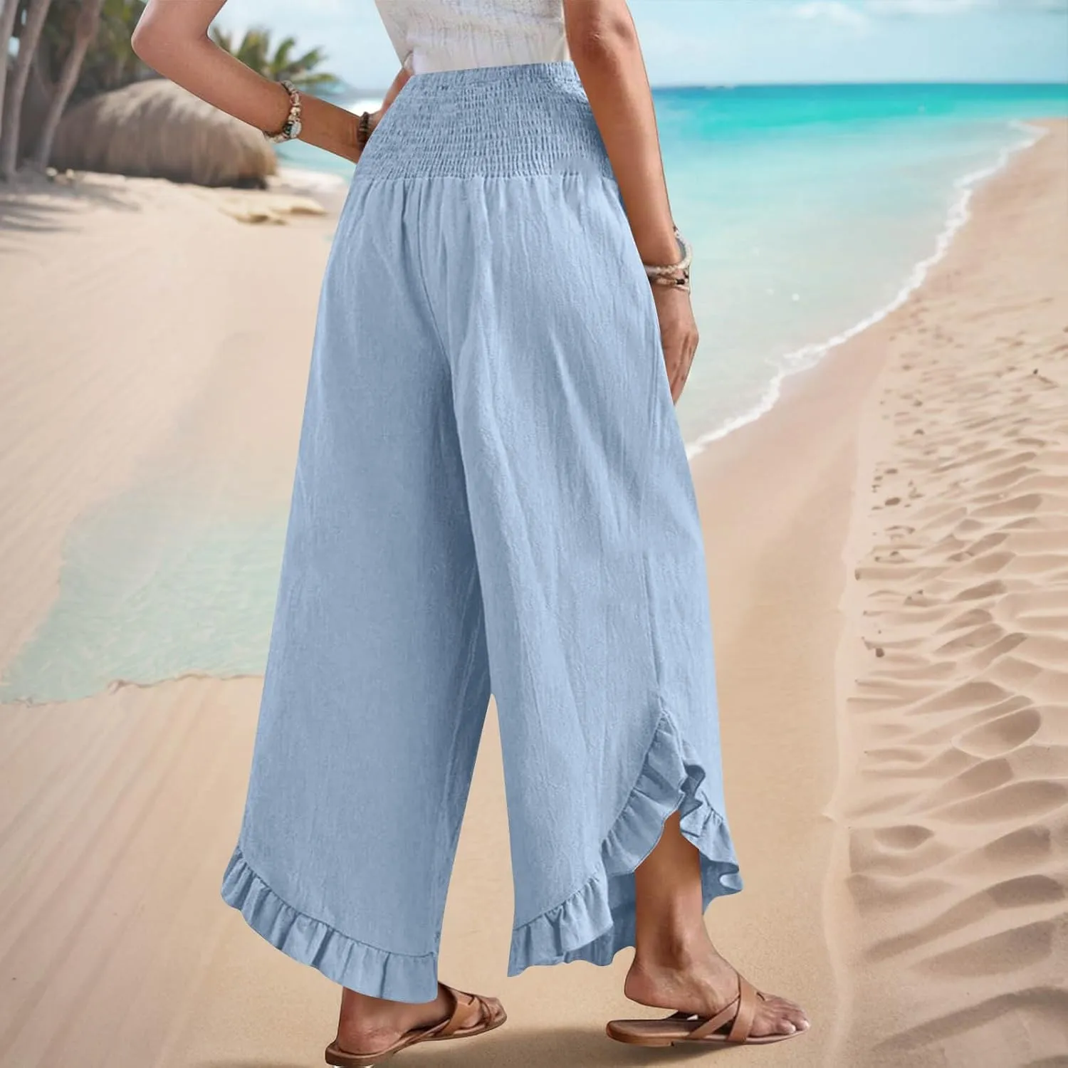 TARIENDY Palazzo Pants for Women Dressy Casual Summer Smocked Waist Trousers Ruffle Hem Wide Leg Boho Flowy Beach Outfits