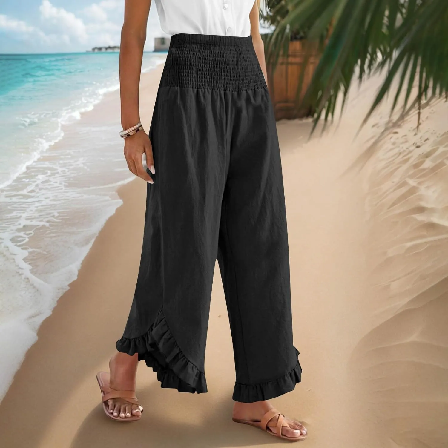 TARIENDY Palazzo Pants for Women Dressy Casual Summer Smocked Waist Trousers Ruffle Hem Wide Leg Boho Flowy Beach Outfits