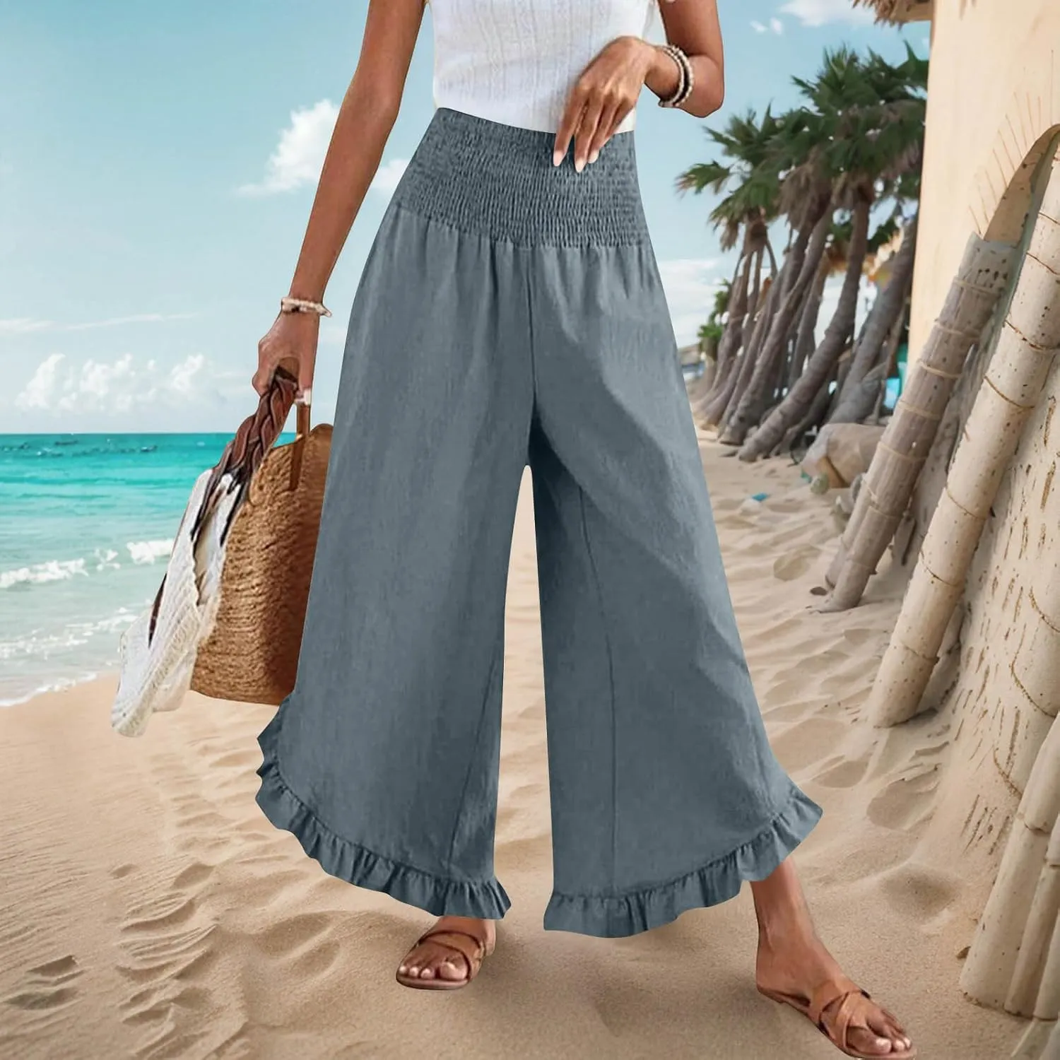 TARIENDY Palazzo Pants for Women Dressy Casual Summer Smocked Waist Trousers Ruffle Hem Wide Leg Boho Flowy Beach Outfits