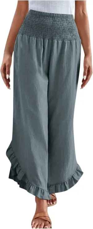 TARIENDY Palazzo Pants for Women Dressy Casual Summer Smocked Waist Trousers Ruffle Hem Wide Leg Boho Flowy Beach Outfits