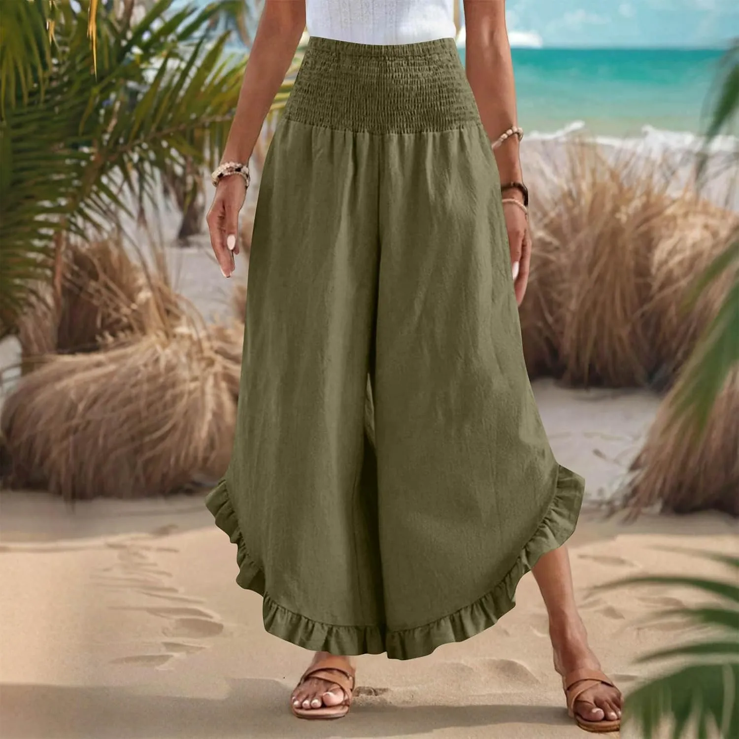 TARIENDY Palazzo Pants for Women Dressy Casual Summer Smocked Waist Trousers Ruffle Hem Wide Leg Boho Flowy Beach Outfits