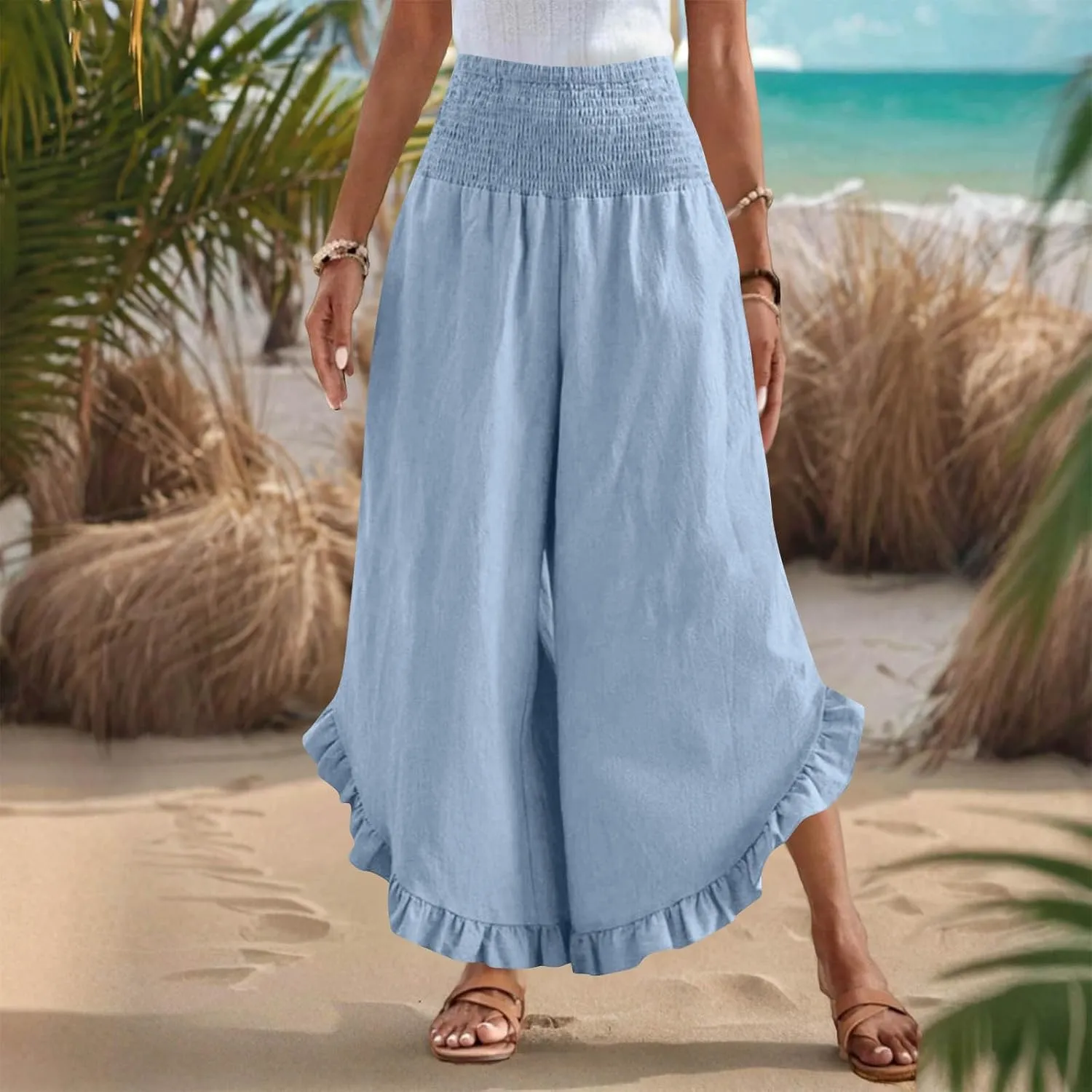 TARIENDY Palazzo Pants for Women Dressy Casual Summer Smocked Waist Trousers Ruffle Hem Wide Leg Boho Flowy Beach Outfits