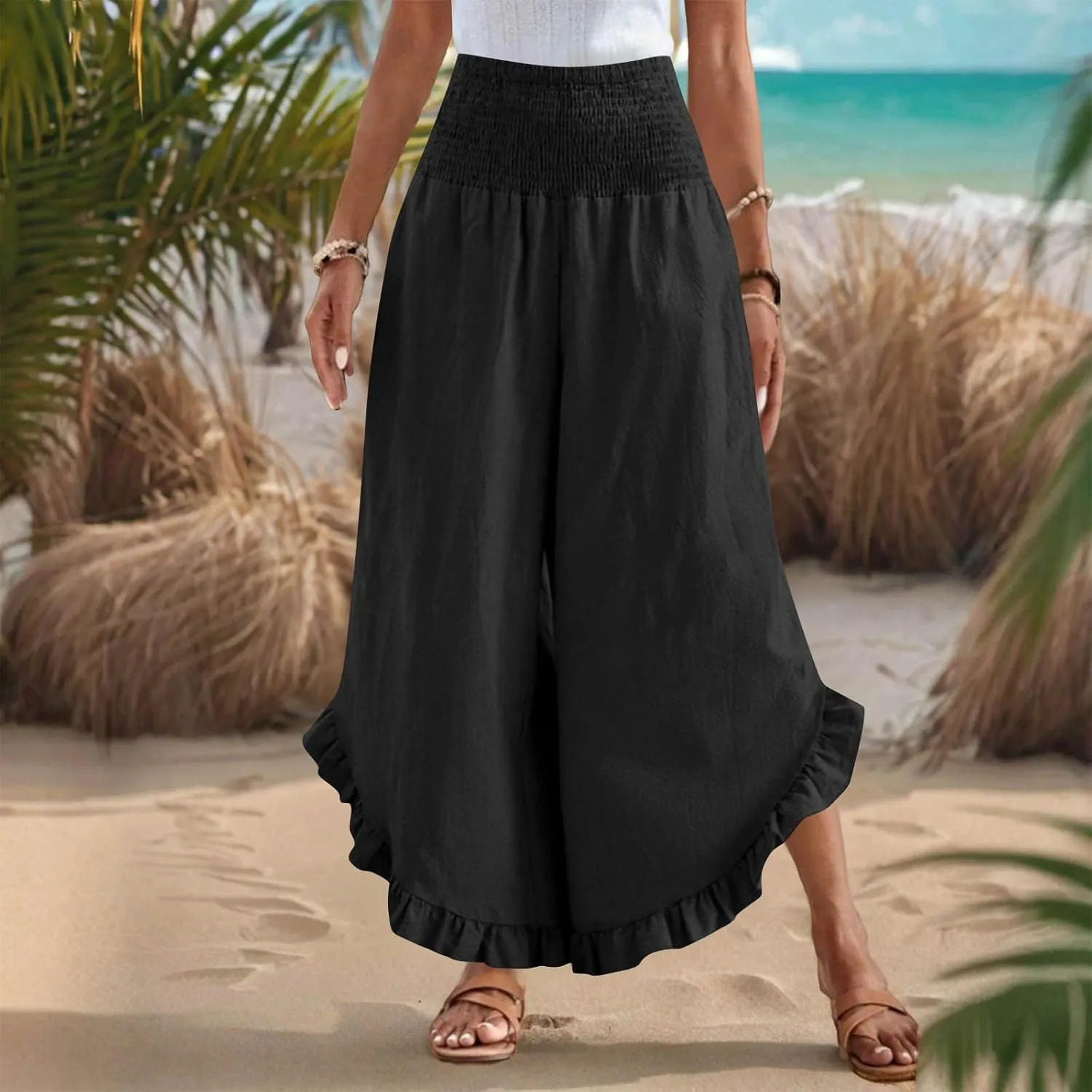 TARIENDY Palazzo Pants for Women Dressy Casual Summer Smocked Waist Trousers Ruffle Hem Wide Leg Boho Flowy Beach Outfits