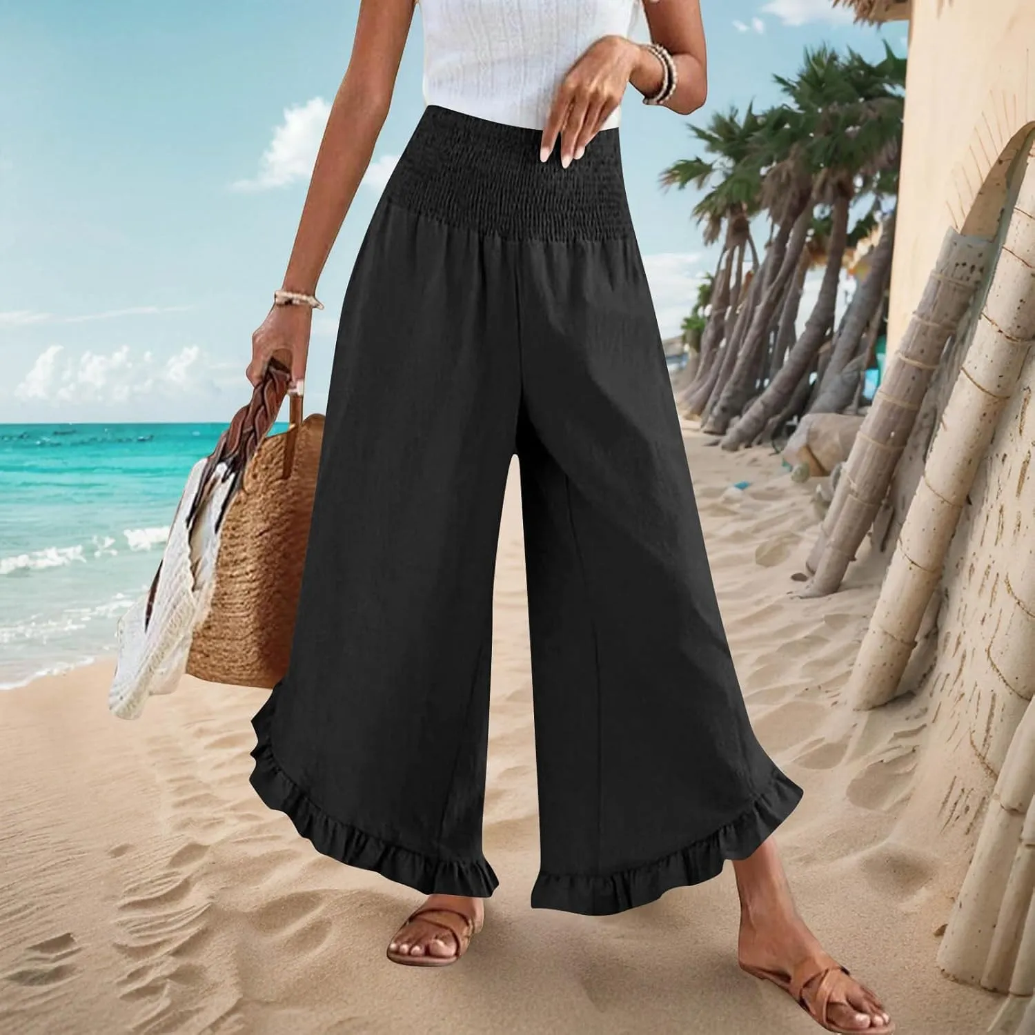 TARIENDY Palazzo Pants for Women Dressy Casual Summer Smocked Waist Trousers Ruffle Hem Wide Leg Boho Flowy Beach Outfits