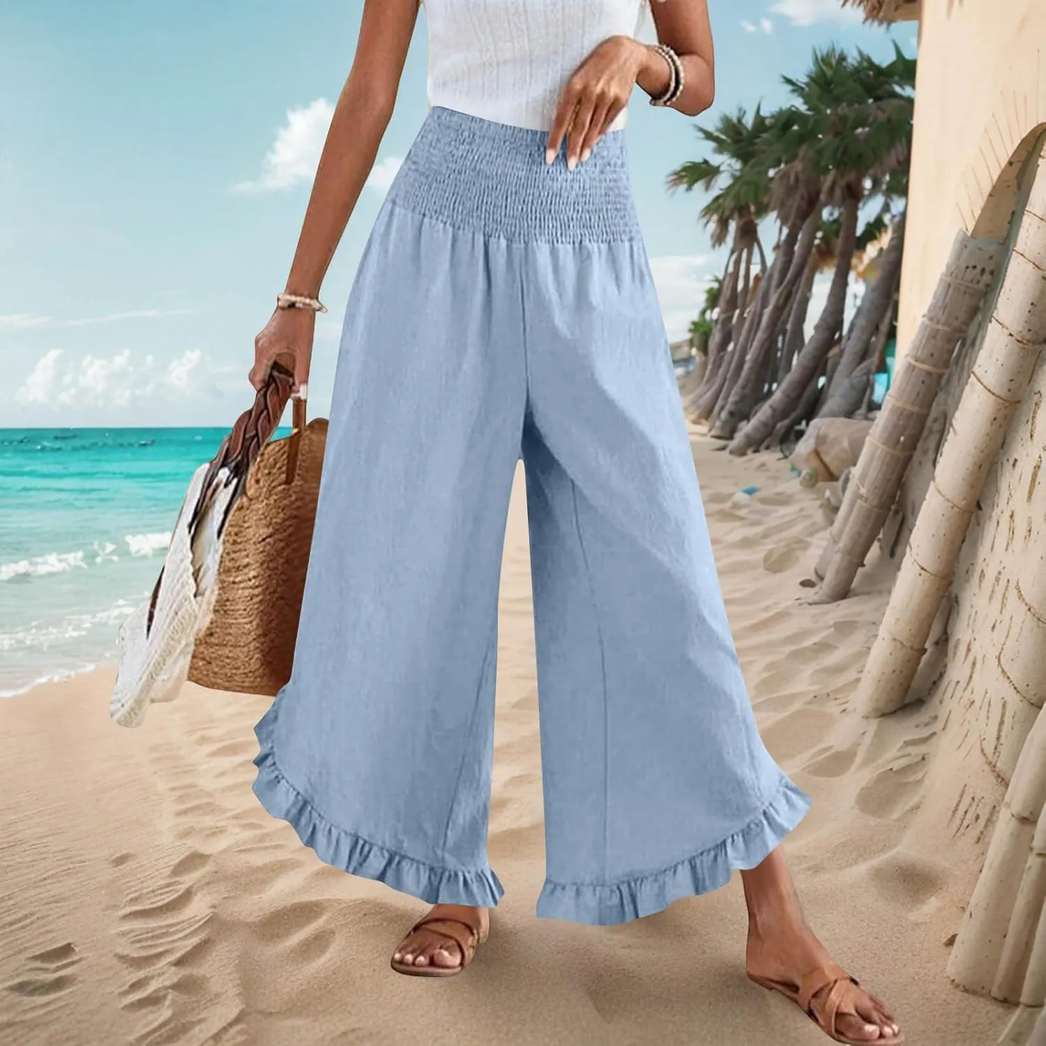 TARIENDY Palazzo Pants for Women Dressy Casual Summer Smocked Waist Trousers Ruffle Hem Wide Leg Boho Flowy Beach Outfits