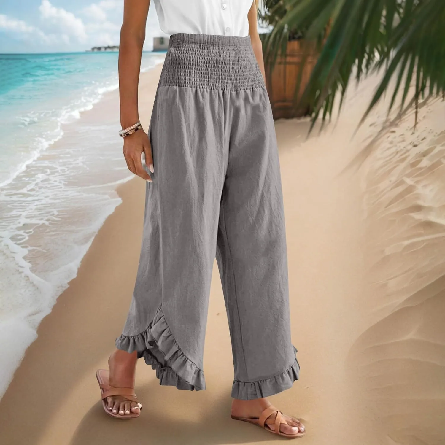 TARIENDY Palazzo Pants for Women Dressy Casual Summer Smocked Waist Trousers Ruffle Hem Wide Leg Boho Flowy Beach Outfits