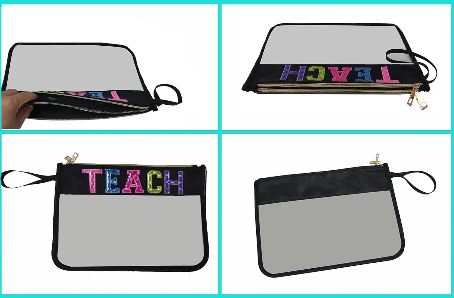 Teacher Appreciation Gifts Clear Makeup Letter Bag Pencil Bag Letter Patches Makeup Zipper Pouch Graduation Retirement Birthday Teacher Gifts for Women (Black Teach)