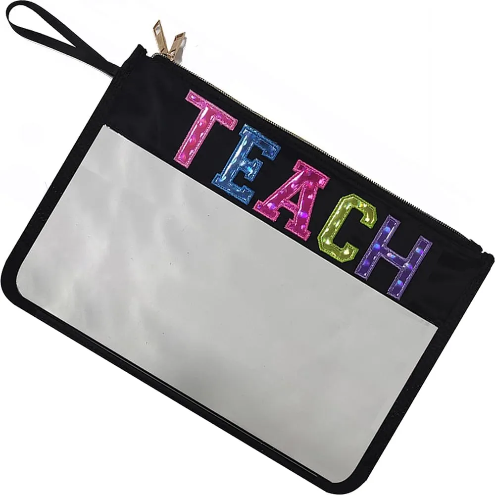 Teacher Appreciation Gifts Clear Makeup Letter Bag Pencil Bag Letter Patches Makeup Zipper Pouch Graduation Retirement Birthday Teacher Gifts for Women (Black Teach)