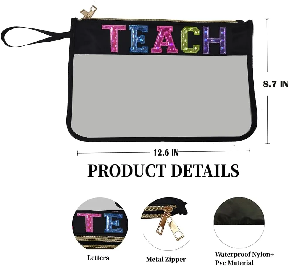 Teacher Appreciation Gifts Clear Makeup Letter Bag Pencil Bag Letter Patches Makeup Zipper Pouch Graduation Retirement Birthday Teacher Gifts for Women (Black Teach)