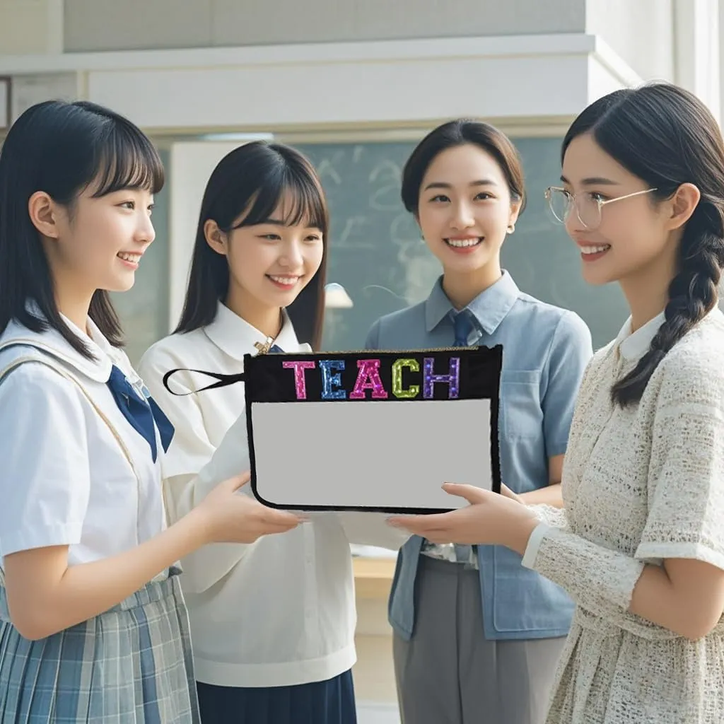Teacher Appreciation Gifts Clear Makeup Letter Bag Pencil Bag Letter Patches Makeup Zipper Pouch Graduation Retirement Birthday Teacher Gifts for Women (Black Teach)