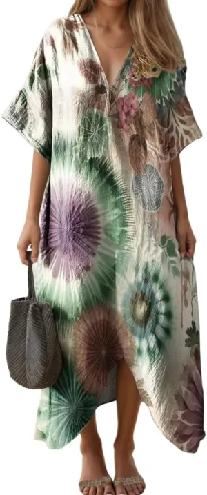 TIAFORD Womens Casual Short Sleeve Floral Print V Neck Midi Dress Plus Size Summer Flowy Beach Vacation Loose Dresses