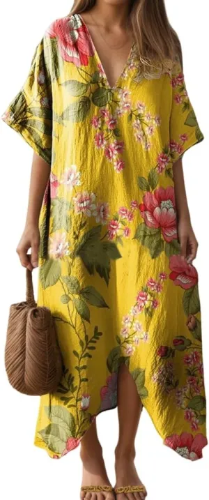 TIAFORD Womens Casual Short Sleeve Floral Print V Neck Midi Dress Plus Size Summer Flowy Beach Vacation Loose Dresses