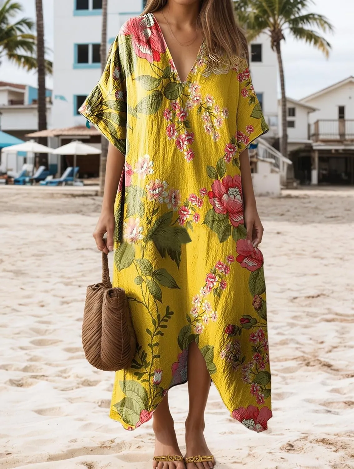 TIAFORD Womens Casual Short Sleeve Floral Print V Neck Midi Dress Plus Size Summer Flowy Beach Vacation Loose Dresses