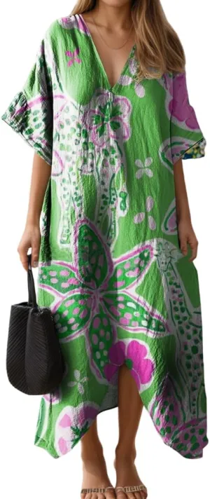TIAFORD Womens Casual Short Sleeve Floral Print V Neck Midi Dress Plus Size Summer Flowy Beach Vacation Loose Dresses