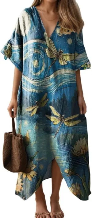 TIAFORD Womens Casual Short Sleeve Floral Print V Neck Midi Dress Plus Size Summer Flowy Beach Vacation Loose Dresses