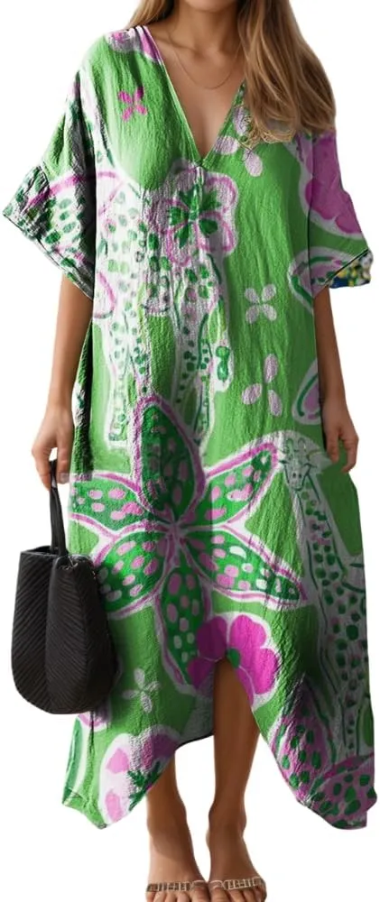 TIAFORD Womens Casual Short Sleeve Floral Print V Neck Midi Dress Plus Size Summer Flowy Beach Vacation Loose Dresses