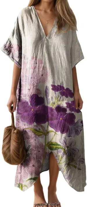 TIAFORD Womens Casual Short Sleeve Floral Print V Neck Midi Dress Plus Size Summer Flowy Beach Vacation Loose Dresses