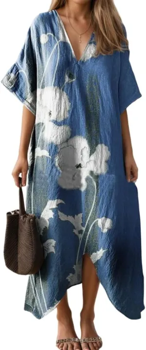 TIAFORD Womens Casual Short Sleeve Floral Print V Neck Midi Dress Plus Size Summer Flowy Beach Vacation Loose Dresses