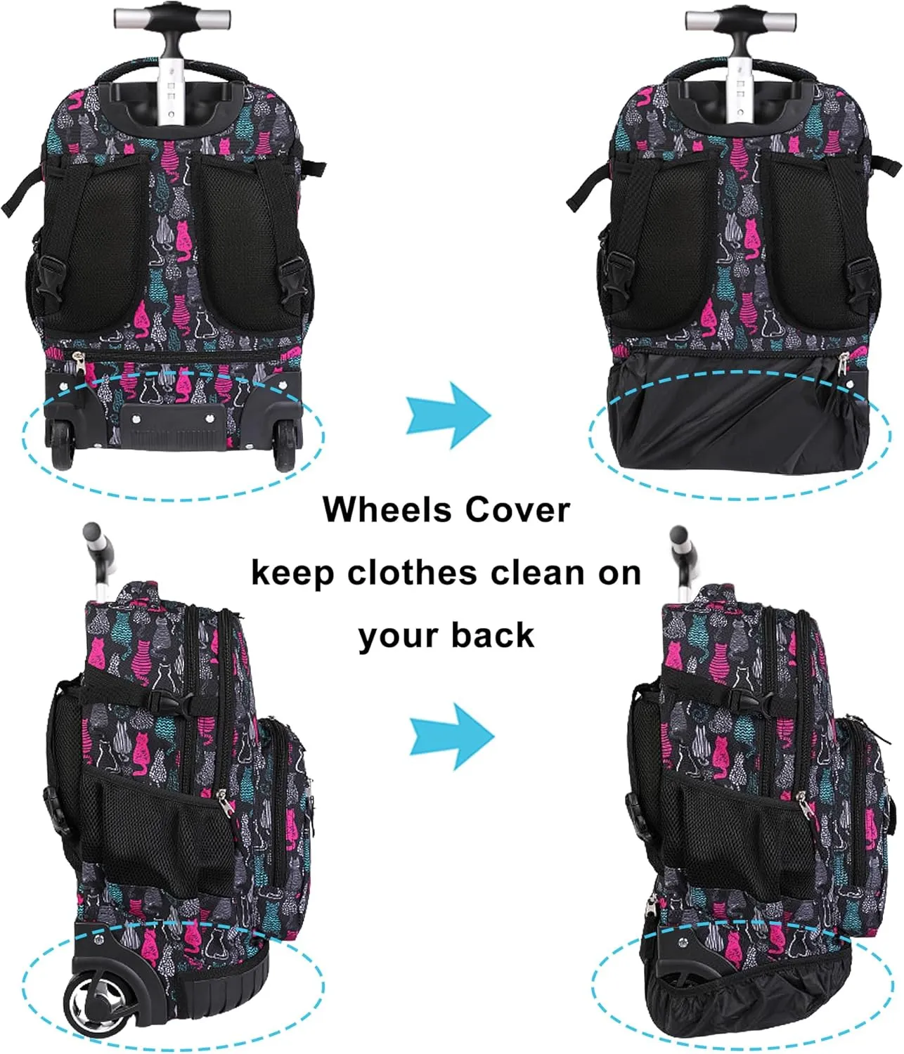 Tilami Rolling Backpack, 18 inch Shoulder Drop, Concealed Pockets and Wheel Cover, Laptop Backpack for Boys and Girls, Cat Black