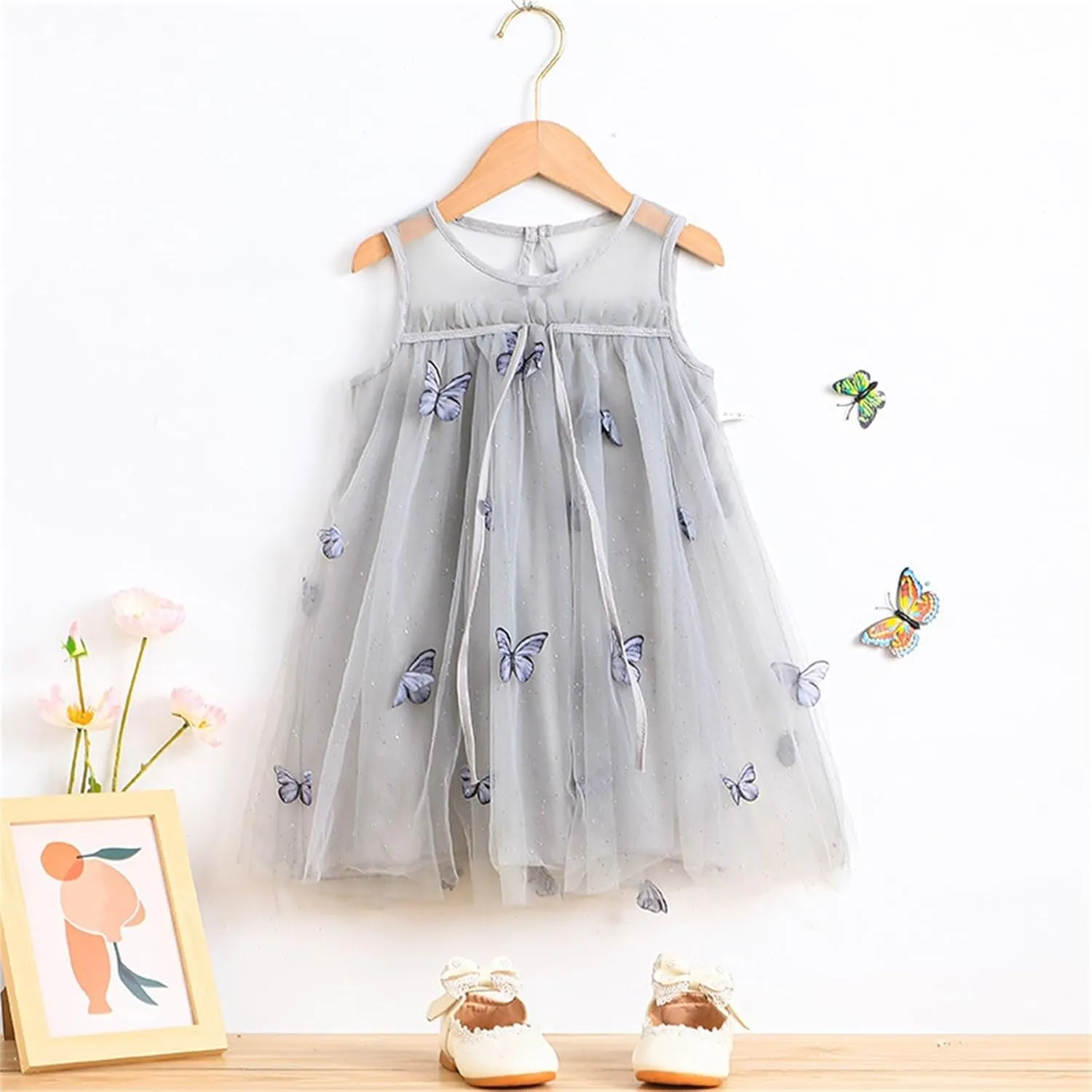 Toddler Baby Girl Tutu Dress Floral Print Tulle Dress Little Girl Sleeveless Princess Dresses with Flower Headband