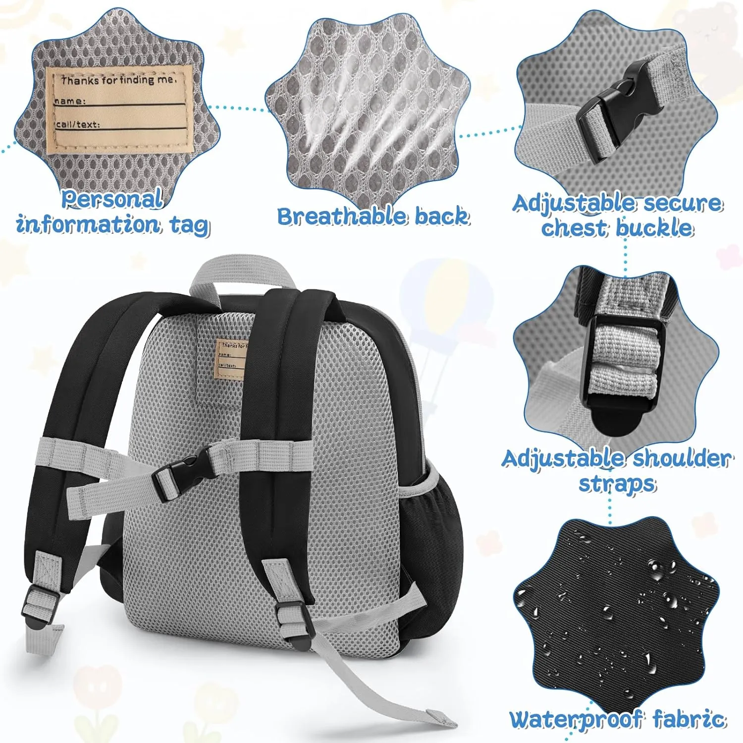 Toddler Backpack For Boys Girls 2-5, Preschool Kindergarten Backpack, Preschool Mini Backpacks For School & Travel, Black Grey