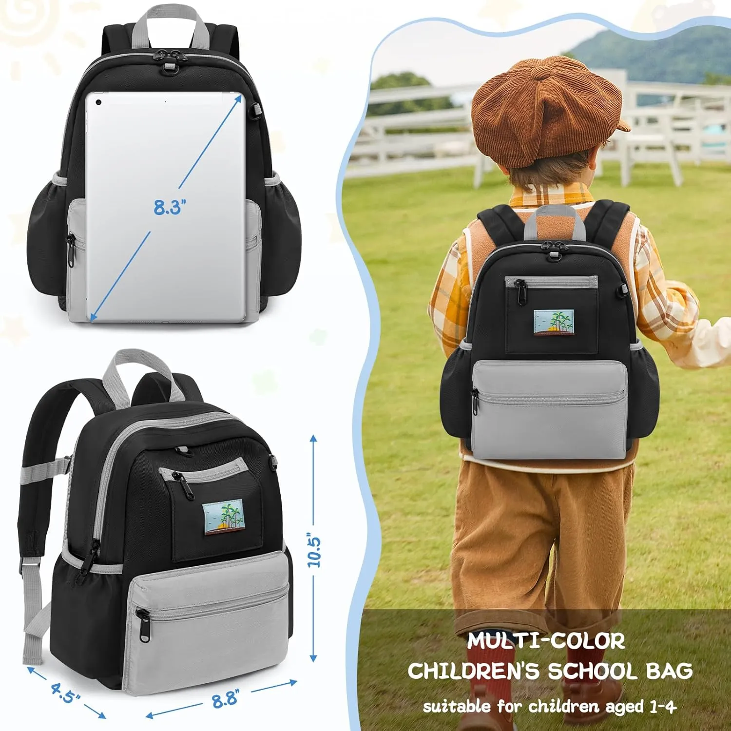 Toddler Backpack For Boys Girls 2-5, Preschool Kindergarten Backpack, Preschool Mini Backpacks For School & Travel, Black Grey