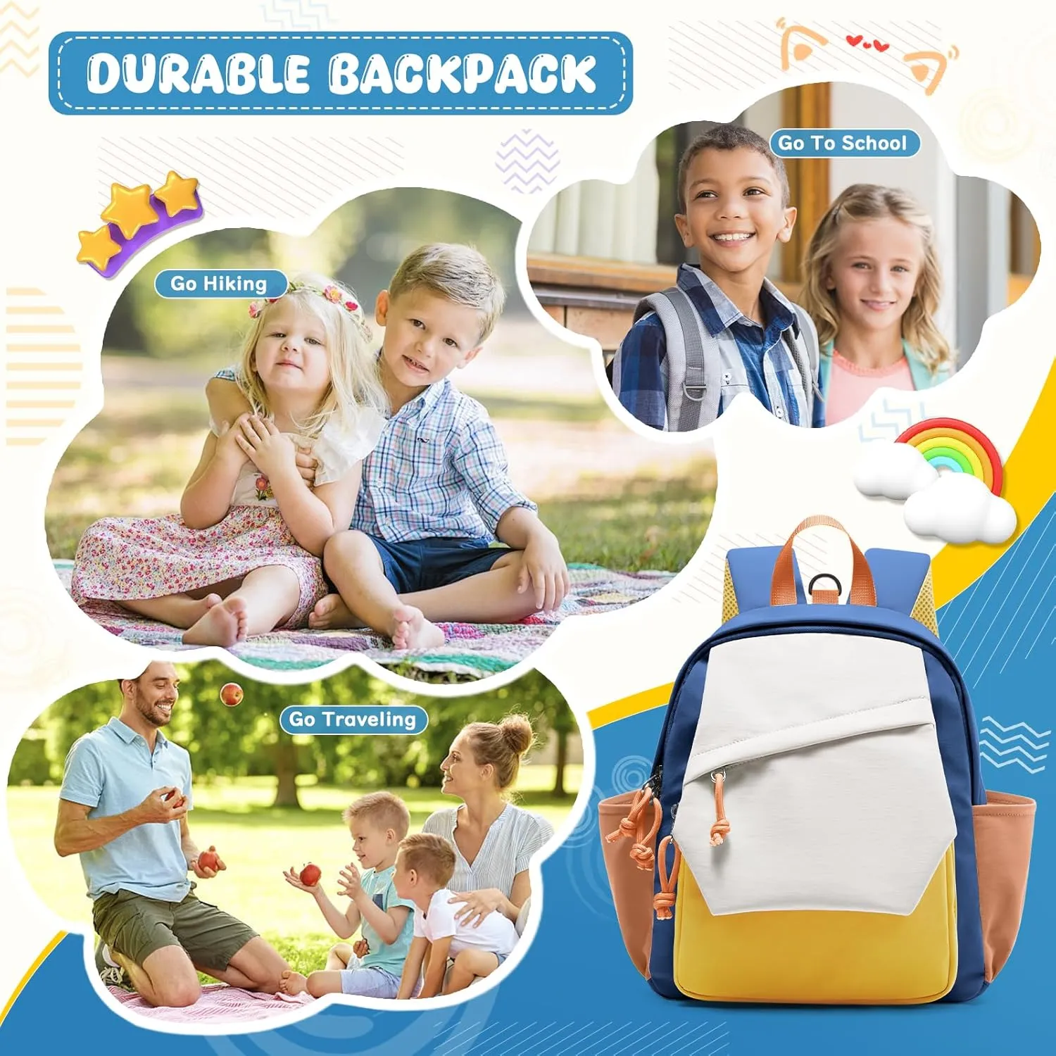 Toddler Backpack for Boys Girls, Small Kids Backpack for School, Preschool Kindergarten Backpack, Toddler Mini Bookbag Travel Daypack Yellow Blue