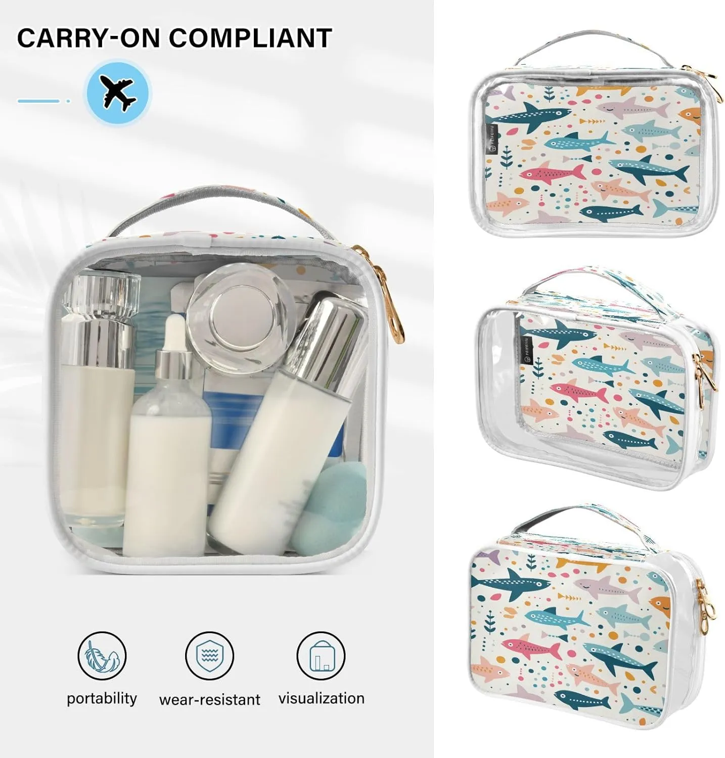 Transparent Travel Organizer Set (2-Pack) - Waterproof PVC Cosmetic & Toiletry Storage Bags with Double Zippers for Home, Trips, and Essentials Organization - Cute Illustration Shark (2)