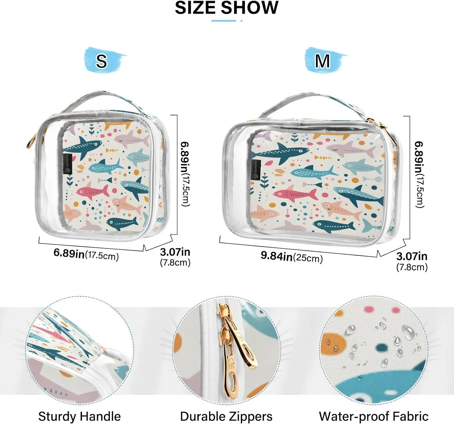 Transparent Travel Organizer Set (2-Pack) - Waterproof PVC Cosmetic & Toiletry Storage Bags with Double Zippers for Home, Trips, and Essentials Organization - Cute Illustration Shark (2)