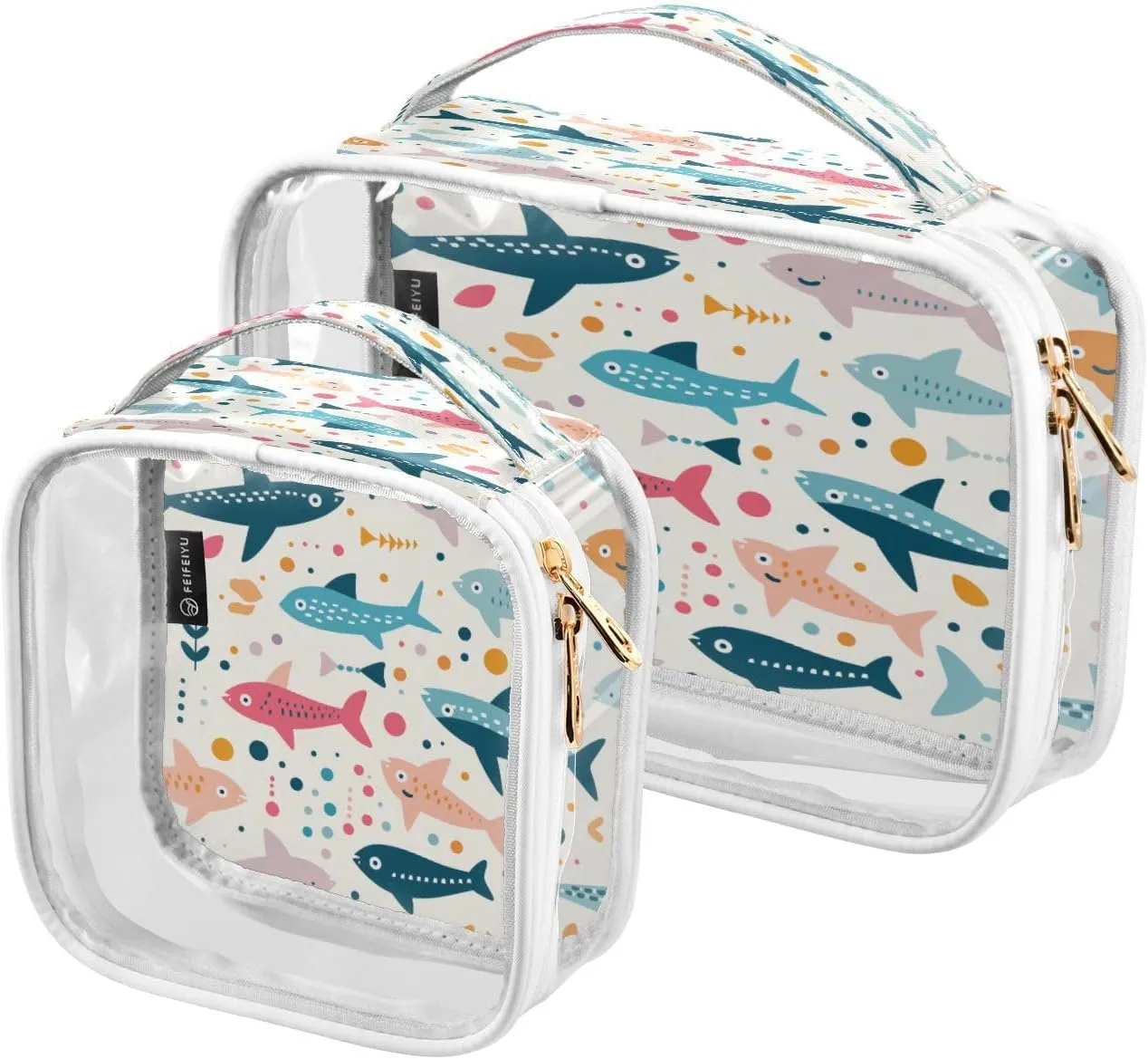 Transparent Travel Organizer Set (2-Pack) - Waterproof PVC Cosmetic & Toiletry Storage Bags with Double Zippers for Home, Trips, and Essentials Organization - Cute Illustration Shark (2)