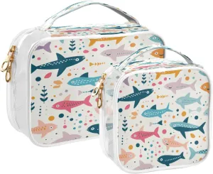 Transparent Travel Organizer Set (2-Pack) - Waterproof PVC Cosmetic & Toiletry Storage Bags with Double Zippers for Home, Trips, and Essentials Organization - Cute Illustration Shark (2)