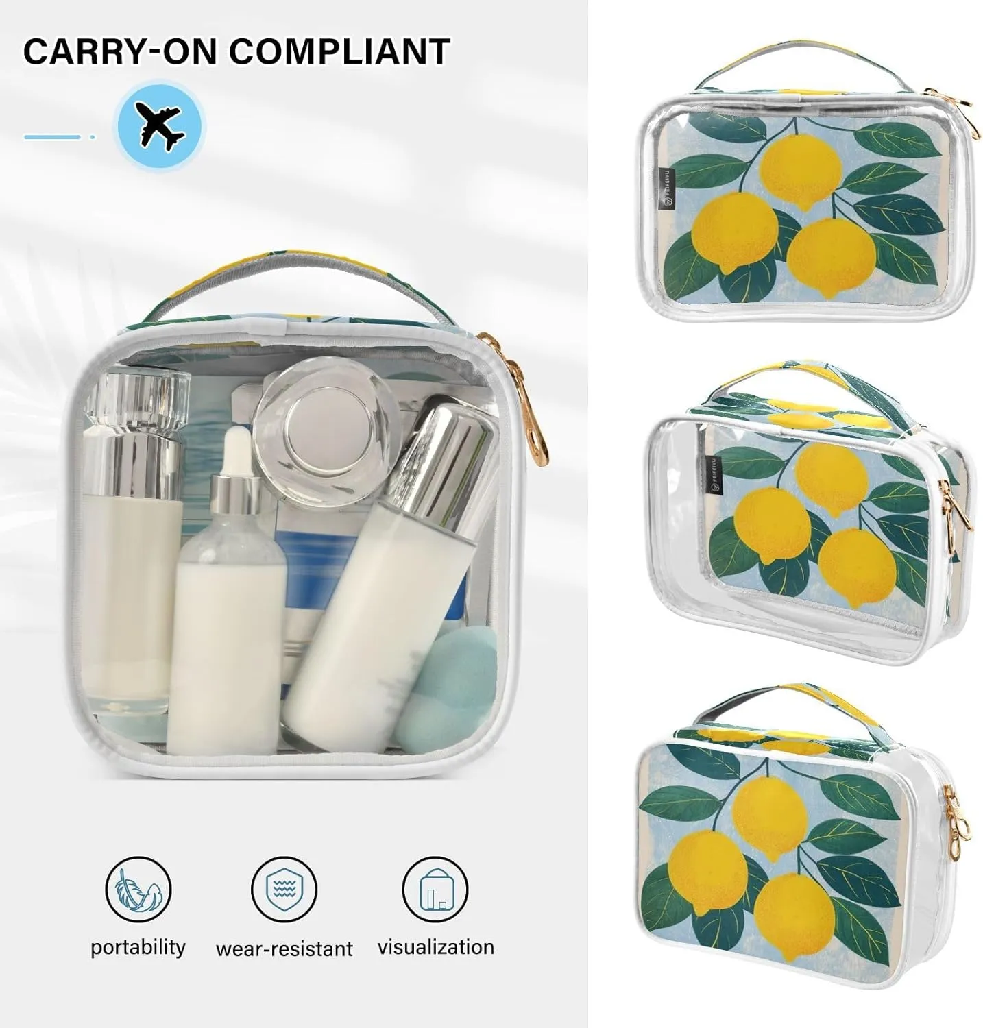 Transparent Travel Organizer Set (2-Pack) - Waterproof PVC Cosmetic & Toiletry Storage Bags with Double Zippers for Home, Trips, and Essentials Organization - Cute Lemon (3)