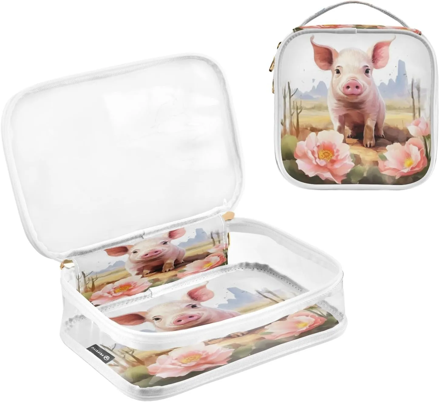 Transparent Travel Organizer Set (2-Pack) - Waterproof PVC Cosmetic & Toiletry Storage Bags with Double Zippers for Home, Trips, and Essentials Organization - Cute Pig (2)