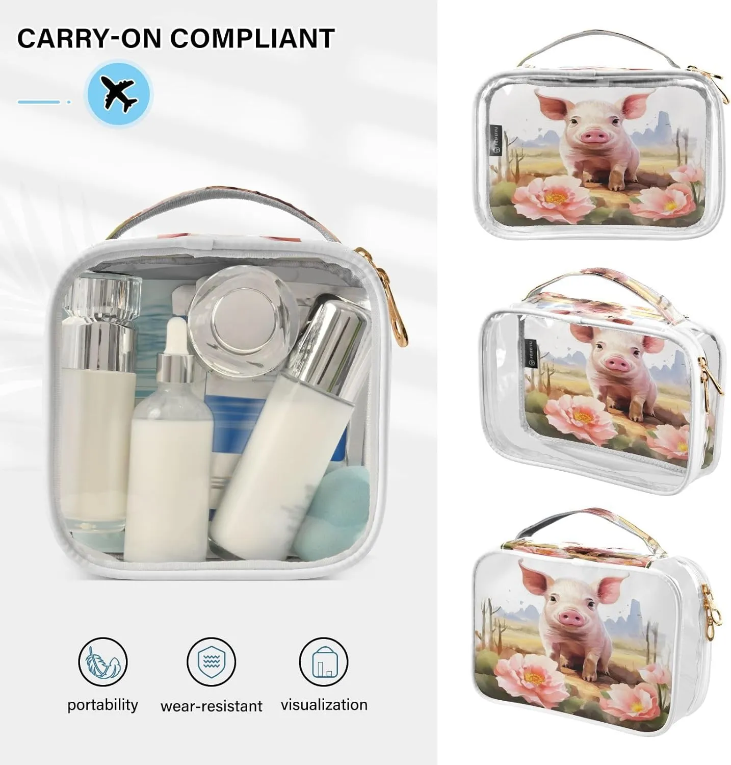 Transparent Travel Organizer Set (2-Pack) - Waterproof PVC Cosmetic & Toiletry Storage Bags with Double Zippers for Home, Trips, and Essentials Organization - Cute Pig (2)