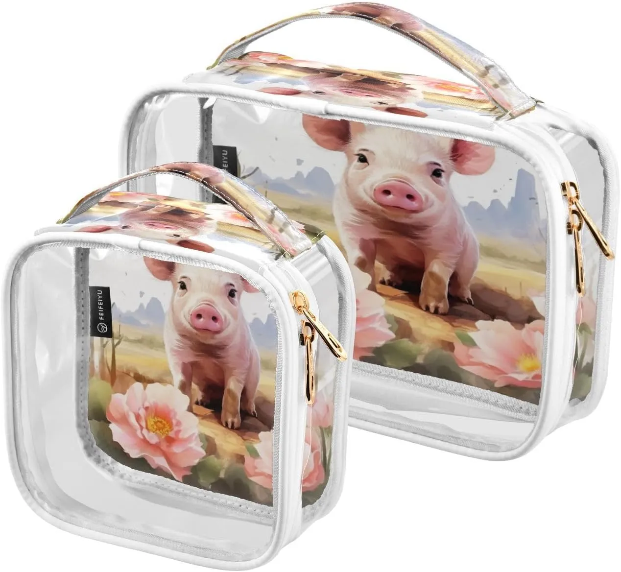 Transparent Travel Organizer Set (2-Pack) - Waterproof PVC Cosmetic & Toiletry Storage Bags with Double Zippers for Home, Trips, and Essentials Organization - Cute Pig (2)
