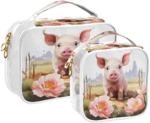 Transparent Travel Organizer Set (2-Pack) - Waterproof PVC Cosmetic & Toiletry Storage Bags with Double Zippers for Home, Trips, and Essentials Organization - Cute Pig (2)