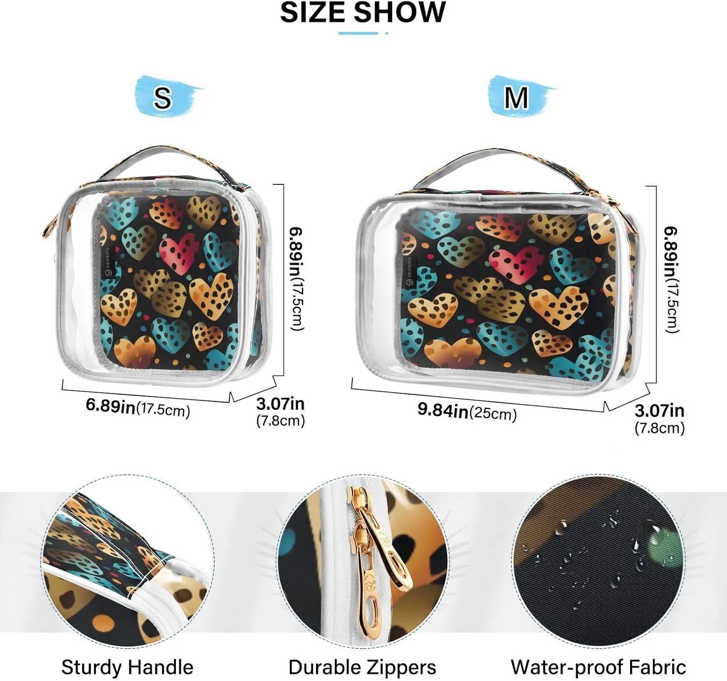 Transparent Travel Organizer Set (2-Pack) - Waterproof PVC Cosmetic & Toiletry Storage Bags with Double Zippers for Home, Trips, and Essentials Organization - Heart Flowers Cheetah Print